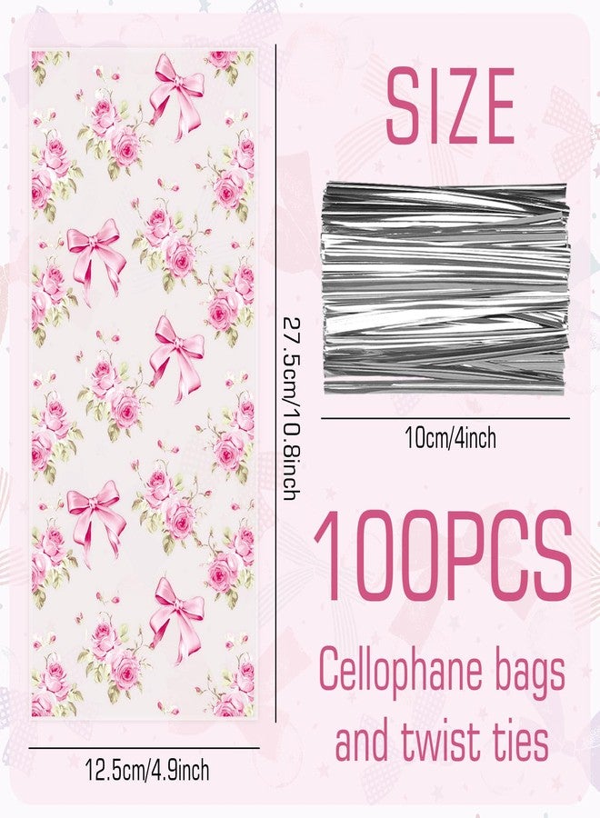 Whaline 100Pcs Wedding Floral Bow Cellophane Treat Bag Pink Coquette Flower Bowknot Plastic Candy Cookie Bags Cello Tea Party Favor Bags with Twist Ties for Summer Baby Bridal Shower Birthday - Image 2